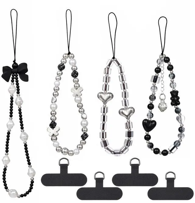 Main image of Qulkws 4 Pcs Crystal Beaded Phone Charms with Phone Tether Tab Cute Beaded Phones Lanyard Wrist Strap Acrylic Cell Phones Wrist Strap Aesthetic CellPhone Keychain for Camera Key Purse for Women
