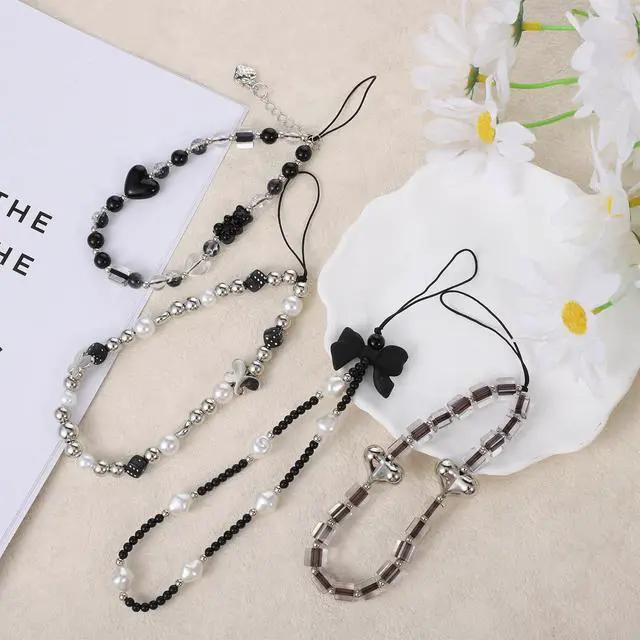 Alt view image 5 of 7 - Qulkws 4 Pcs Crystal Beaded Phone Charms with Phone Tether Tab Cute Beaded Phones Lanyard Wrist Strap Acrylic Cell Phones Wrist Strap Aesthetic CellPhone Keychain for Camera Key Purse for Women