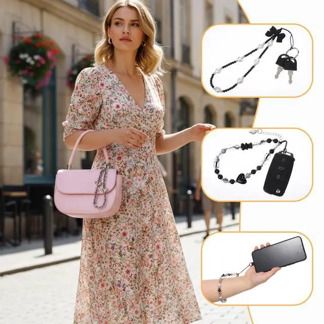 Alt view image 7 of 7 - Qulkws 4 Pcs Crystal Beaded Phone Charms with Phone Tether Tab Cute Beaded Phones Lanyard Wrist Strap Acrylic Cell Phones Wrist Strap Aesthetic CellPhone Keychain for Camera Key Purse for Women