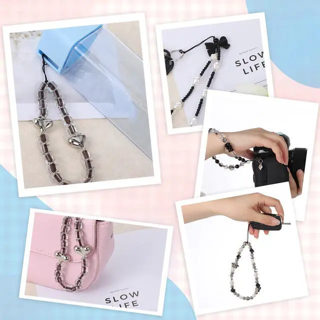 Alt view image 6 of 7 - Qulkws 4 Pcs Crystal Beaded Phone Charms with Phone Tether Tab Cute Beaded Phones Lanyard Wrist Strap Acrylic Cell Phones Wrist Strap Aesthetic CellPhone Keychain for Camera Key Purse for Women