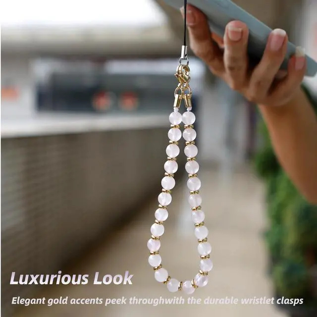 Alt view image 6 of 7 - Lostars Marble Beaded Phone Wrist Strap,Detachable Phone Bracelet Strap with Tether Tab,Hands-Free Wristlet Strap (Rose Quartz)
