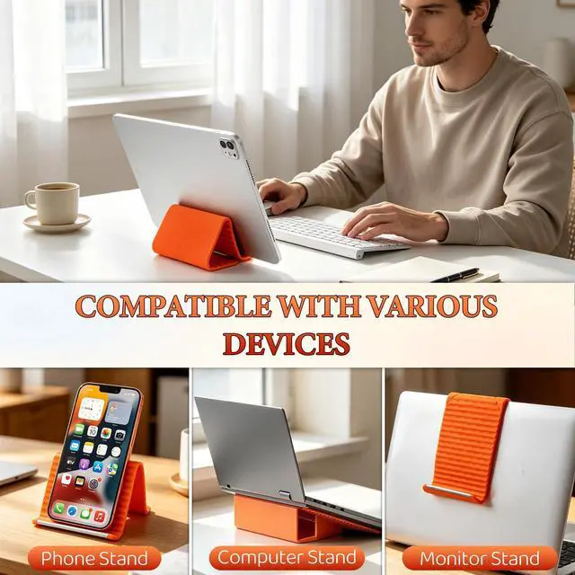 Alt view image 3 of 7 - Nmoiat Portable Foldable Silicone Aluminum Phone Holder, Upgrade Flexible Silicone Phone Stand, Adjustable Anti-Slip Desktop Mount for Home Office Travel, Folded into Any Shape (Orange)