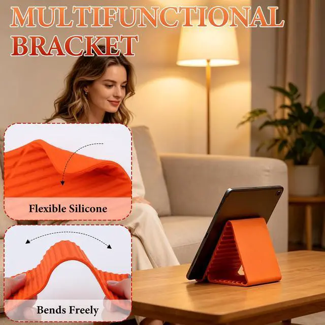 Alt view image 4 of 7 - Nmoiat Portable Foldable Silicone Aluminum Phone Holder, Upgrade Flexible Silicone Phone Stand, Adjustable Anti-Slip Desktop Mount for Home Office Travel, Folded into Any Shape (Orange)
