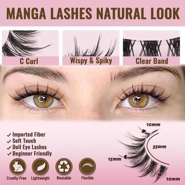 Alt view image 3 of 7 - Fyonas Manga Lashes Spiky False Eyelashes 7 Pairs C Curl Lashes Strips Natural Look 10-15mm Wispy Fake Eyelashes with Invisible Clear Band For Fairy Look (Whisper)