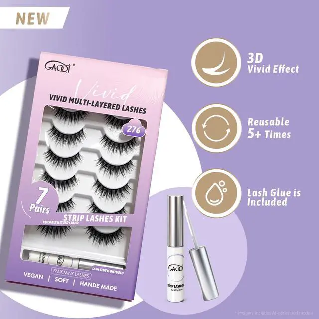 Alt view image 3 of 7 - GAQQI False Eyelashes Wispy Lashes Strips Lashes, Wispy Fake Eyelashes Kit With Lash Glue, Reusable Soft Faux Mink Material, 7 Pairs (Style 276)