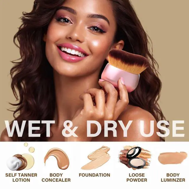 Alt view image 4 of 7 - Extra Large Body Makeup Brush For Self Tanner, Leg Makeup &Bronzer Blend,75 mm Wide-headed Kabuki Brush Provides More Even &Pretty Application, Oval Face&Back Makeup Brush, Wet&Dry Use- Pink Rose Gold