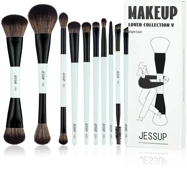 Main image of Jessup Makeup Brushes Set 10pcs, Double Sided Foundation Contour Blush Highlight Blending Eyebrow Brush Eyeshadow Eyeliner Concealer Brush, Bright Cyan Cruelty Free Cosmetic Tools T500