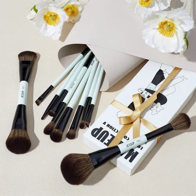 Alt view image 6 of 7 - Jessup Makeup Brushes Set 10pcs, Double Sided Foundation Contour Blush Highlight Blending Eyebrow Brush Eyeshadow Eyeliner Concealer Brush, Bright Cyan Cruelty Free Cosmetic Tools T500