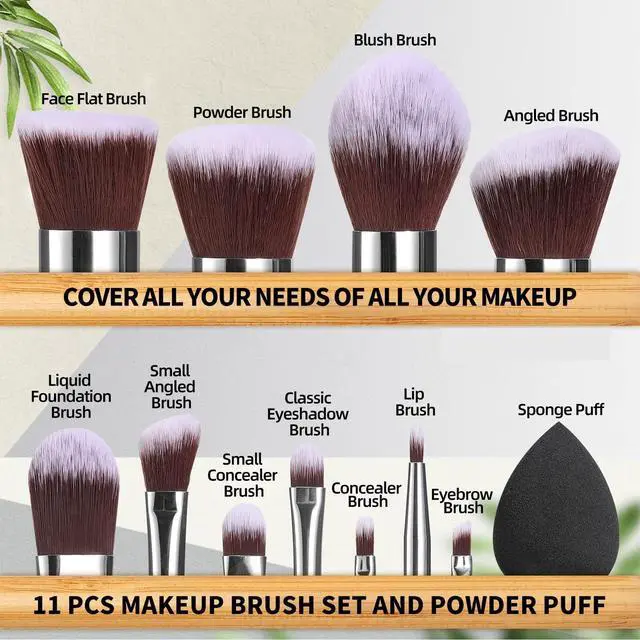 Alt view image 3 of 7 - Makeup Brush Set 11 Pcs Makeup Sponge, Professional Bamboo Makeup Brushes for Foundation, Powder, Blush, Concealer, Eyeshadow & Blending, Ideal for Travel, Beginners & Makeup Artists
