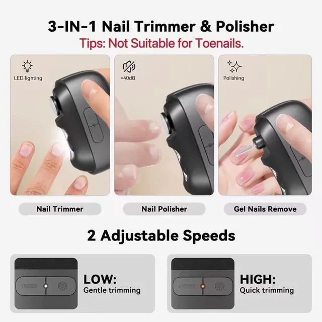 Alt view image 2 of 7 - Electric Nail Clipper, Electric Nail Trimmer with Light and Nail Scraps Storage, Electric Toenail Clippers with Polishing, Rechargeable Electric Automatic Nail Clipper for Seniors,Adult, Kids, Black