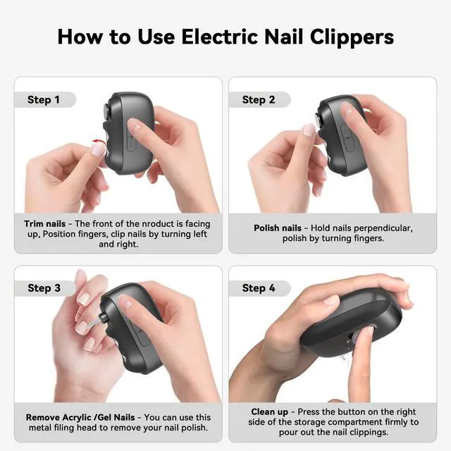 Alt view image 5 of 7 - Electric Nail Clipper, Electric Nail Trimmer with Light and Nail Scraps Storage, Electric Toenail Clippers with Polishing, Rechargeable Electric Automatic Nail Clipper for Seniors,Adult, Kids, Black