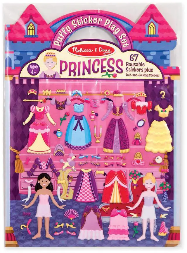 Main image of Melissa & Doug Puffy Sticker Play Set Princess, 67 Reusable Stickers with 2 Fold-Out Scenes, Restickable Fashion Activity Book, Mess Free Travel Toys for Kids Ages 4+