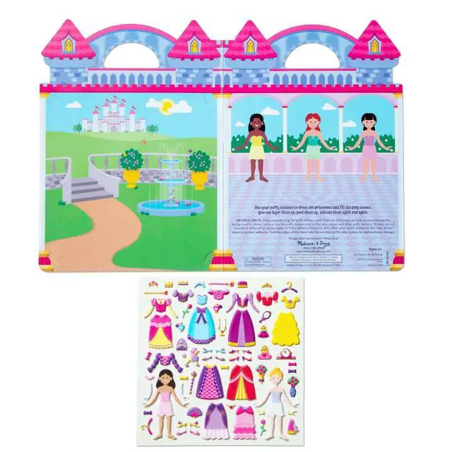 Alt view image 5 of 7 - Melissa & Doug Puffy Sticker Play Set Princess, 67 Reusable Stickers with 2 Fold-Out Scenes, Restickable Fashion Activity Book, Mess Free Travel Toys for Kids Ages 4+