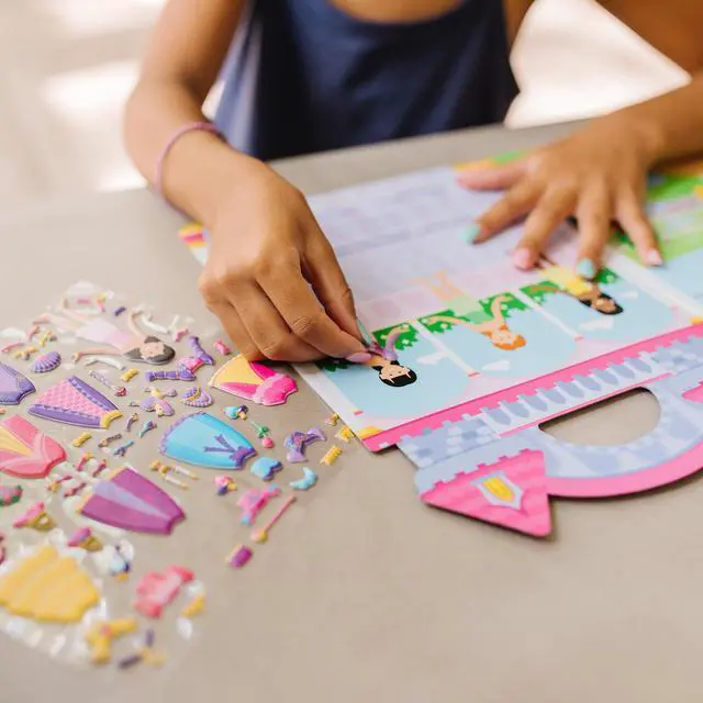 Alt view image 6 of 7 - Melissa & Doug Puffy Sticker Play Set Princess, 67 Reusable Stickers with 2 Fold-Out Scenes, Restickable Fashion Activity Book, Mess Free Travel Toys for Kids Ages 4+