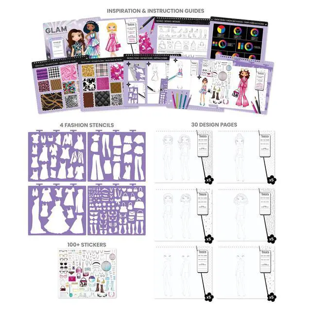 Alt view image 4 of 7 - Fashion Angels Glam Fashion Sketch Set, Includes Sketch Pad with Stencils & Stickers, Fashion Design Sketch Book for Girls, Ideal Drawing Kit for Kids