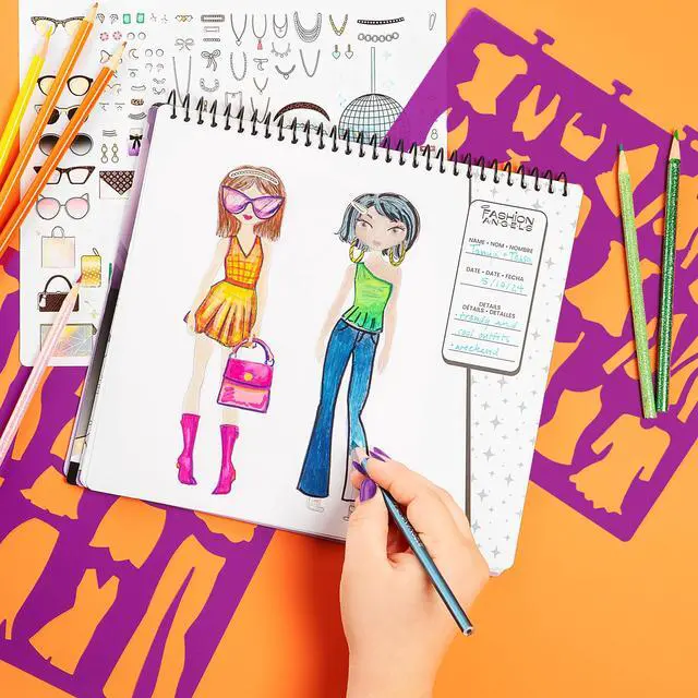 Alt view image 5 of 7 - Fashion Angels Glam Fashion Sketch Set, Includes Sketch Pad with Stencils & Stickers, Fashion Design Sketch Book for Girls, Ideal Drawing Kit for Kids