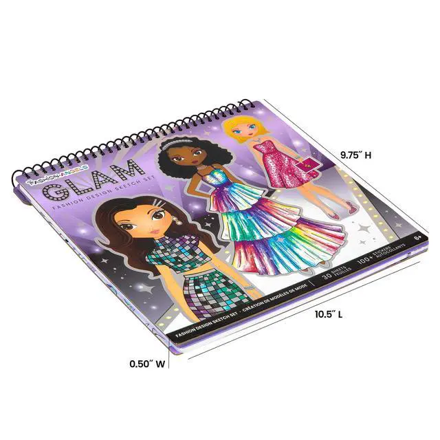 Alt view image 7 of 7 - Fashion Angels Glam Fashion Sketch Set, Includes Sketch Pad with Stencils & Stickers, Fashion Design Sketch Book for Girls, Ideal Drawing Kit for Kids