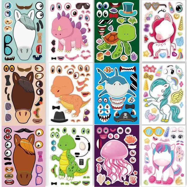 Main image of 24 Sheets 8.27''×5.9'' Make Your Own Stickers for Kids Toddlers, Make a Face Stickers Mix and Match with Unicorns Dinosaur Horse and Sea Animals for Kids Party Favors Activities