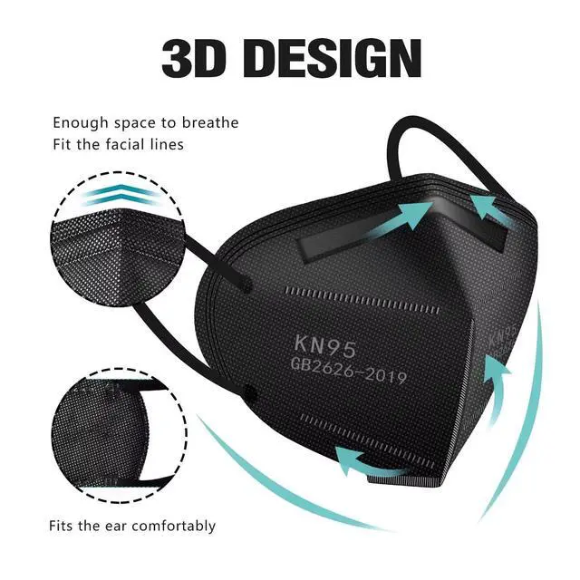 Alt view image 3 of 7 - LEMENT 50pcs KN95 Face Mask Black 5 Layer Cup Dust Safety Masks Filter Efficiency95% Breathable Elastic Ear Loops Black Masks