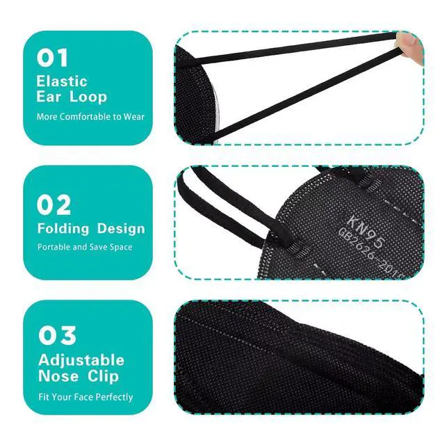 Alt view image 5 of 7 - LEMENT 50pcs KN95 Face Mask Black 5 Layer Cup Dust Safety Masks Filter Efficiency95% Breathable Elastic Ear Loops Black Masks