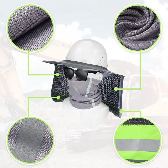 Alt view image 2 of 6 - SATINIOR 2Pcs Hard Hat Sun Shade, High Visibility Full Brim Mesh Sun Visor Neck Protection,Reflective Strip Neck Gaiter Bandana Face Scarf for Construction Helmet Hardhat Accessories(Grey)