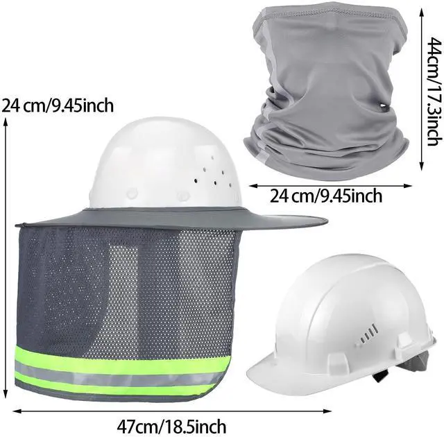Alt view image 4 of 6 - SATINIOR 2Pcs Hard Hat Sun Shade, High Visibility Full Brim Mesh Sun Visor Neck Protection,Reflective Strip Neck Gaiter Bandana Face Scarf for Construction Helmet Hardhat Accessories(Grey)
