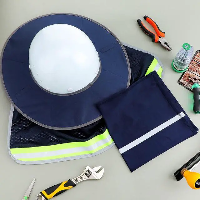 Alt view image 2 of 6 - SATINIOR 2Pcs Hard Hat Sun Shade, High Visibility Full Brim Mesh Sun Visor Neck Protection,Reflective Strip Neck Gaiter Bandana Face Scarf for Construction Helmet Hardhat Accessories(Navy Blue)