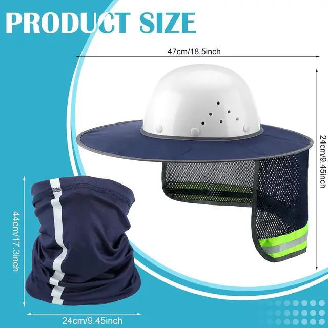 Alt view image 3 of 6 - SATINIOR 2Pcs Hard Hat Sun Shade, High Visibility Full Brim Mesh Sun Visor Neck Protection,Reflective Strip Neck Gaiter Bandana Face Scarf for Construction Helmet Hardhat Accessories(Navy Blue)