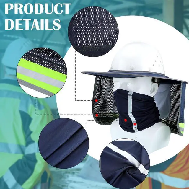 Alt view image 4 of 6 - SATINIOR 2Pcs Hard Hat Sun Shade, High Visibility Full Brim Mesh Sun Visor Neck Protection,Reflective Strip Neck Gaiter Bandana Face Scarf for Construction Helmet Hardhat Accessories(Navy Blue)