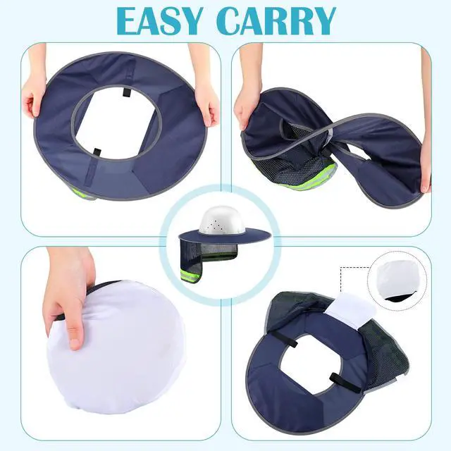 Alt view image 5 of 6 - SATINIOR 2Pcs Hard Hat Sun Shade, High Visibility Full Brim Mesh Sun Visor Neck Protection,Reflective Strip Neck Gaiter Bandana Face Scarf for Construction Helmet Hardhat Accessories(Navy Blue)