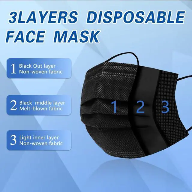 Alt view image 2 of 6 - SDIW 100Pcs Black Disposable Face Mask, 3 Ply Black Face Masks with Soft Elastic Ear loops