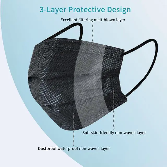 Alt view image 2 of 7 - akgk 100Pcs Disposable Face Masks, Black Face Mask, 3 Ply Disposable Mask