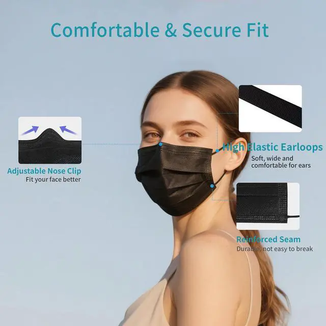 Alt view image 4 of 7 - akgk 100Pcs Disposable Face Masks, Black Face Mask, 3 Ply Disposable Mask