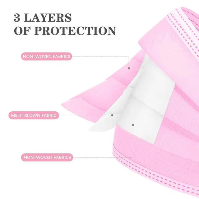 Alt view image 2 of 7 - DC-BEAUTIFUL 100 Pcs Pink Disposable 3 Ply Earloop Face Masks,Fit for Adults