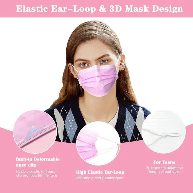 Alt view image 3 of 7 - DC-BEAUTIFUL 100 Pcs Pink Disposable 3 Ply Earloop Face Masks,Fit for Adults