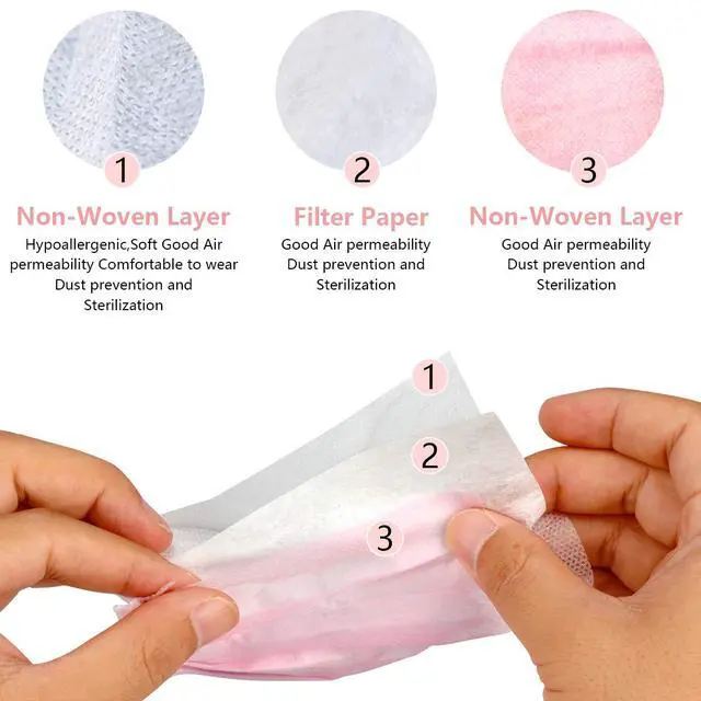 Alt view image 2 of 5 - Wecolor 100 Pcs Pink Masks, Disposable Face Mask, 3 Ply Protection Masks