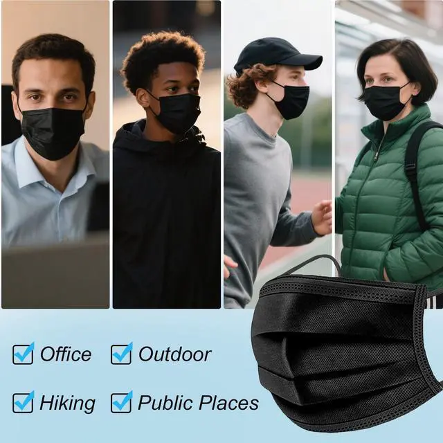Alt view image 5 of 7 - LEMENT 100 Pcs Disposable Face Masks, 3 Ply Face Masks Black Disposable Mask, (Disposable face mask)