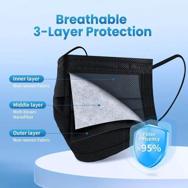 Alt view image 2 of 7 - Borje Disposable Face Mask, 100 PCS Black Masks, 3 Ply Protection Face Masks