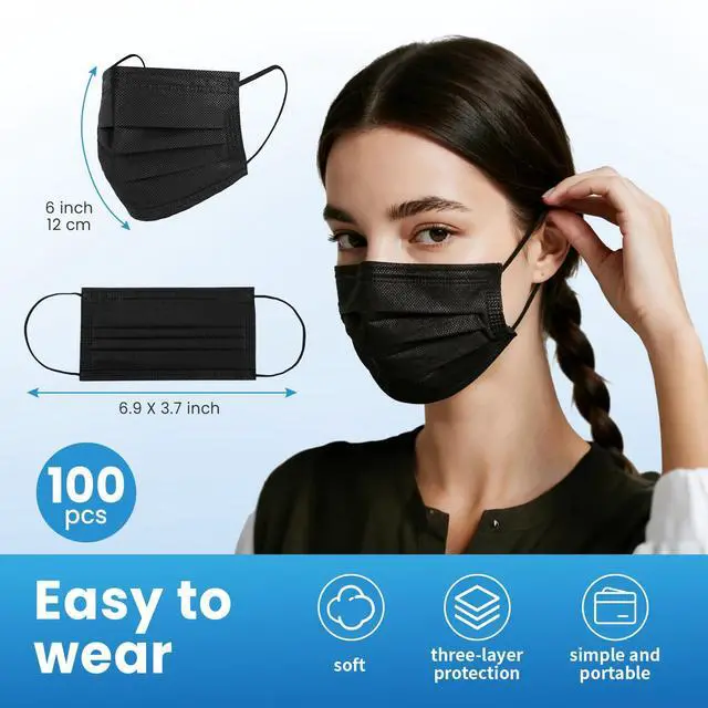 Alt view image 4 of 7 - Borje Disposable Face Mask, 100 PCS Black Masks, 3 Ply Protection Face Masks
