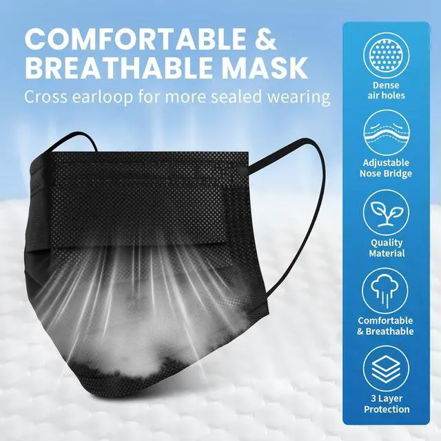 Alt view image 5 of 7 - Borje Disposable Face Mask, 100 PCS Black Masks, 3 Ply Protection Face Masks