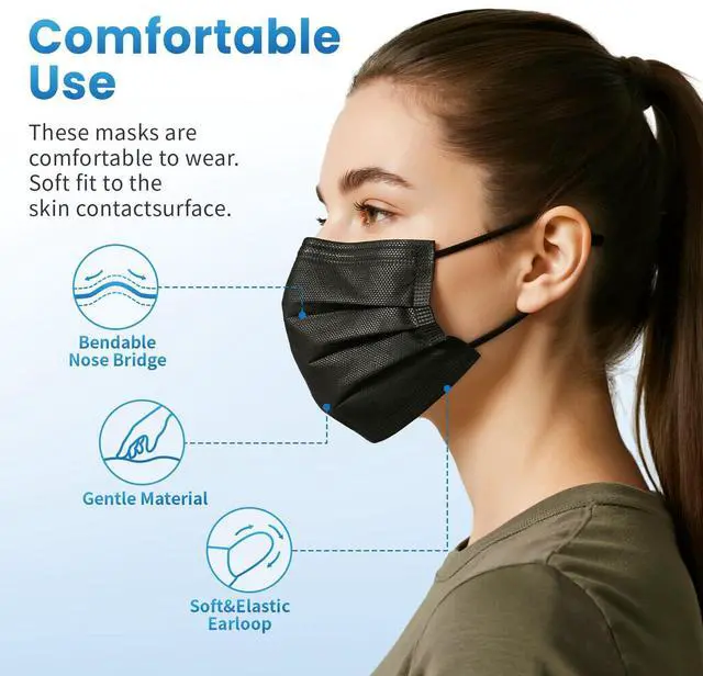 Alt view image 3 of 7 - Borje Disposable Face Mask, 100 PCS Black Masks, 3 Ply Protection Face Masks