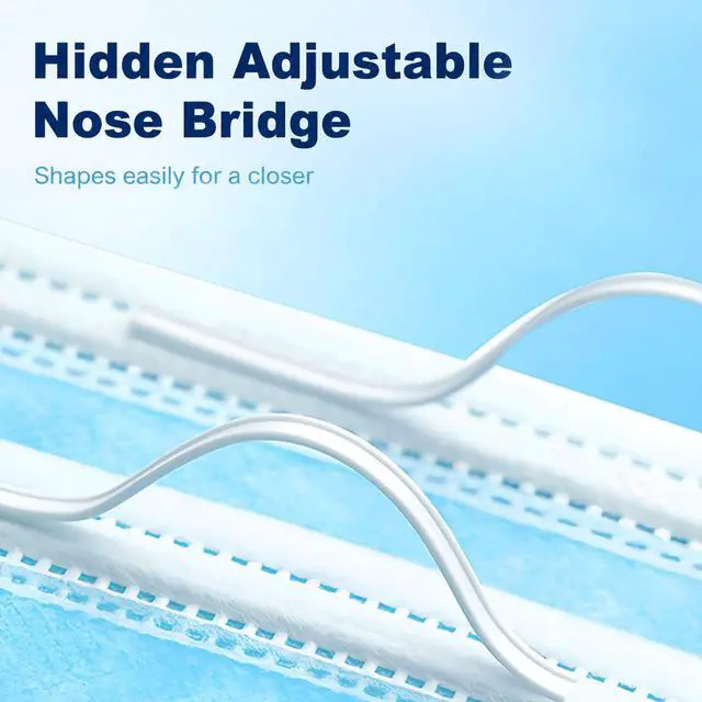 Alt view image 2 of 6 - Disposable Face Masks 100 Pack, 3 Ply Breathable Filter Mask with Adjustable Nose Clip & Soft Elastic Ear Loops, Lightweight Protection for Travel, Office, School,Blue