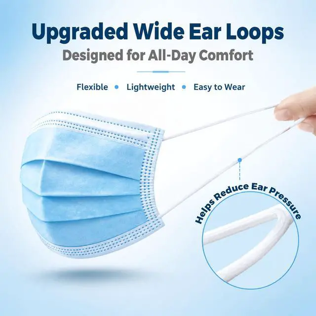 Alt view image 3 of 6 - Disposable Face Masks 100 Pack, 3 Ply Breathable Filter Mask with Adjustable Nose Clip & Soft Elastic Ear Loops, Lightweight Protection for Travel, Office, School,Blue
