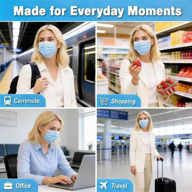 Alt view image 5 of 6 - Disposable Face Masks 100 Pack, 3 Ply Breathable Filter Mask with Adjustable Nose Clip & Soft Elastic Ear Loops, Lightweight Protection for Travel, Office, School,Blue