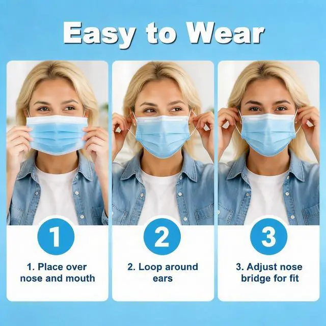 Alt view image 6 of 6 - Disposable Face Masks 100 Pack, 3 Ply Breathable Filter Mask with Adjustable Nose Clip & Soft Elastic Ear Loops, Lightweight Protection for Travel, Office, School,Blue