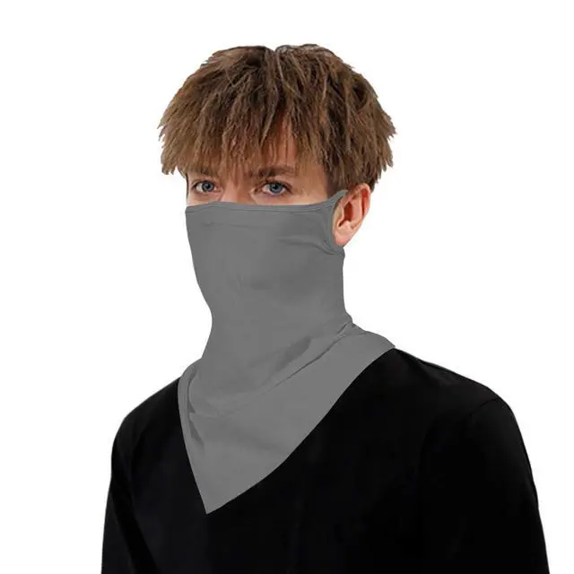 Alt view image 6 of 7 - YAYOUREL Solid Gray Grey Neck Gaiter Face Mask Covering Bandanas for Men Women Summer UV Face Scarf Mask Cover Ear Loop Hole Triangle Facemask Headwear for Fishing Running Cycling Hiking