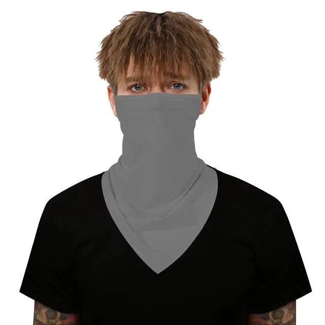 Alt view image 7 of 7 - YAYOUREL Solid Gray Grey Neck Gaiter Face Mask Covering Bandanas for Men Women Summer UV Face Scarf Mask Cover Ear Loop Hole Triangle Facemask Headwear for Fishing Running Cycling Hiking