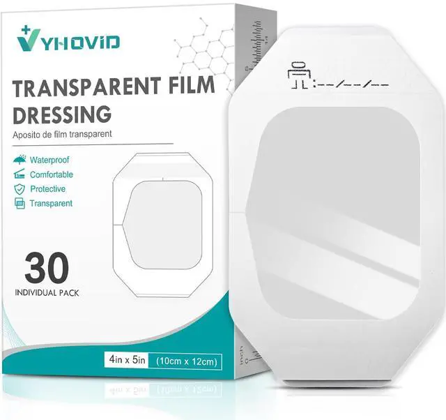 Main image of Transparent Film Dressing 4" x 4.75" Box of 30 - Waterproof Bandages for Swimming, Showering, Wounds, Post Surgical Shower or IV Shield, Tattoo Aftercare Bandage, Scar Therapy, Adhesive Patches