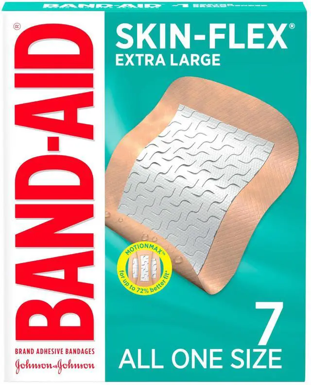 Main image of BAND-AID Brand Skin-Flex Adhesive Bandages for First Aid and Wound Care of Minor Cuts and Scrapes & Burns, Flexible Sterile Bandages for Fingers & Knees, Extra Large, All One Size, 7 ct