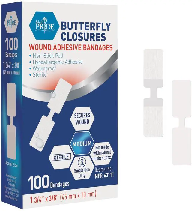 Main image of MED PRIDE Butterfly Wound Closure Strips Pack of 100 Sterile Nonstick Hypoallergenic Latex Free Bandages for Cuts and Injuries (Medium)